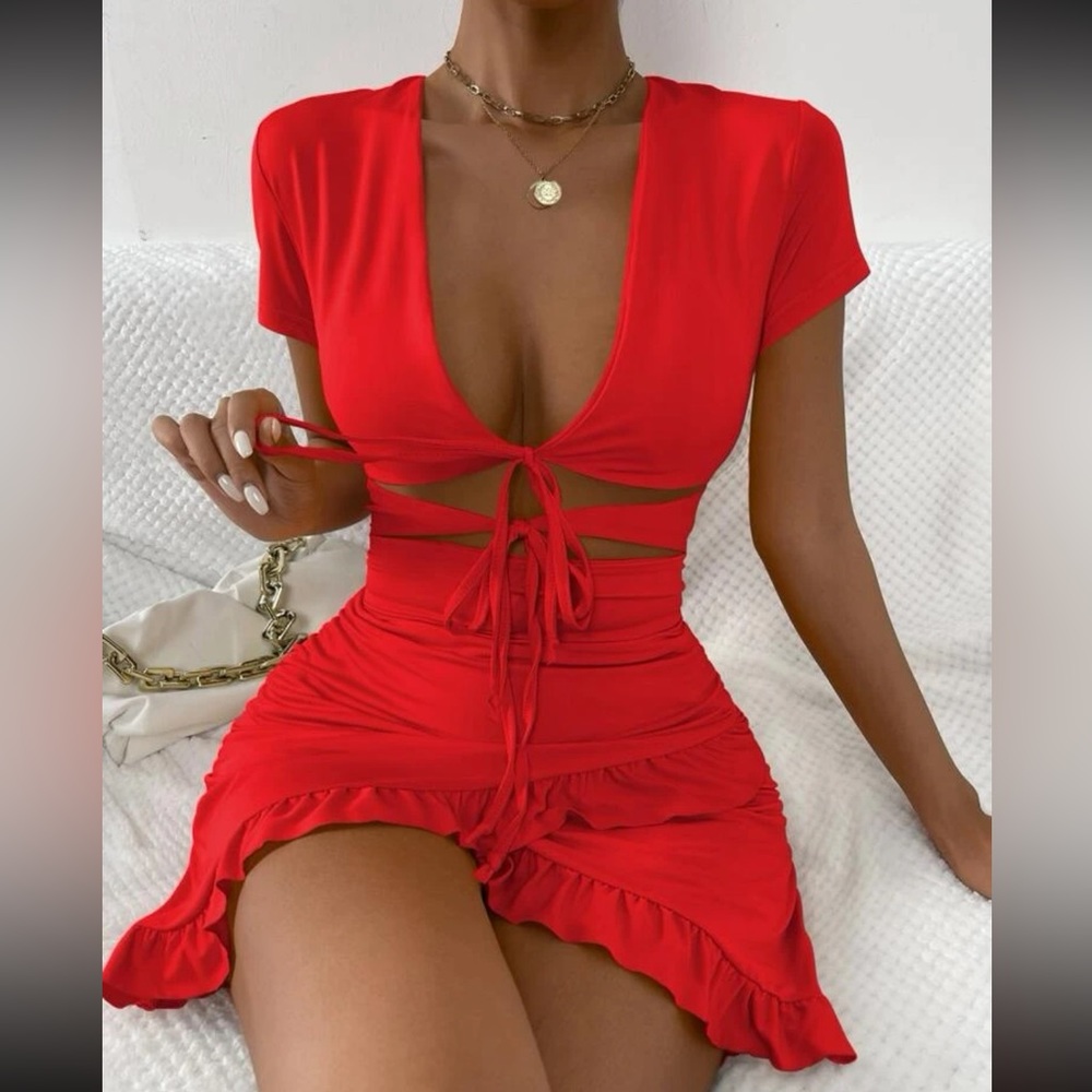 SHEIN Essnce Tied Cutout Front Ruffle Trim Wrap Hem Dress